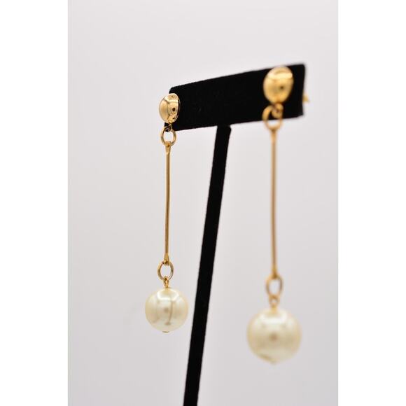 Vintage Dangle Earrings Long Round Faux Pearl Drop White Chunky 1990s BinZ - Picture 3 of 12